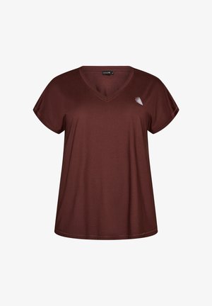 Kortærmet mørkebrun V-hals T-shirt med et lille hvidt abstrakt logo på den øverste venstre bryst, forfra på hvid baggrund.