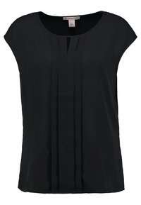 Blusa nera con una vestibilità rilassata, dotata di maniche corte, scollatura rotonda e pieghe verticali lungo il centro. Tessuto morbido e leggero.