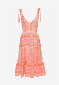 Ärmlös klänning med V-ringning, prydd med ett geometriskt mönster i neongrön, orange och beige. Fåll med volang, samlad midja, justerbara axelband.