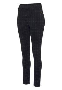 Schwarze Leggings mit einem goldenen Gittermuster, ausgestattet mit einem elastischen Bund und einer schmalen Passform. Hergestellt aus einem dehnbaren, bequemen Material.