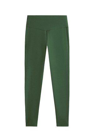 Sötétzöld, magas derekú leggings, V-alakú varrással a derekán, sima, rugalmas anyagból.