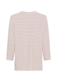 Gestreiftes Langarmoberteil aus weichem Material mit horizontalen rosa und weißen Streifen, Rundhalsausschnitt und mittellangen Ärmeln.