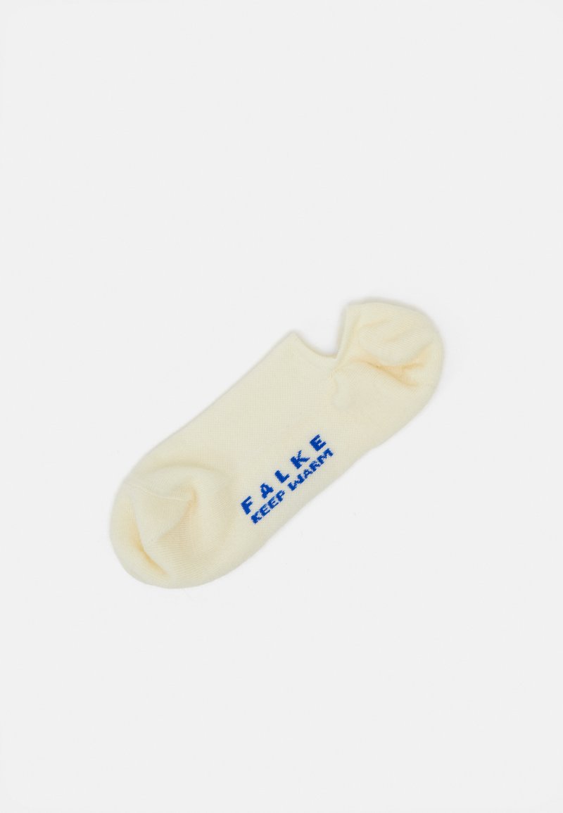 Yellow ankle sock made of soft material with blue "FALKE" branding and "KEEP WARM" text, showing a simple design and relaxed fit.