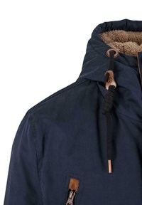 Navy blue jacket featuring a fur-lined collar, adjustable drawstring, and a zippered pocket with a brown accent. Smooth texture and durable fabric.
