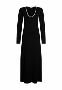 Schwarzes Langarmkleid mit enganliegender Silhouette und Rundhalsausschnitt, verziert mit einem silberfarbenen Kettenakzent um den Ausschnitt.
