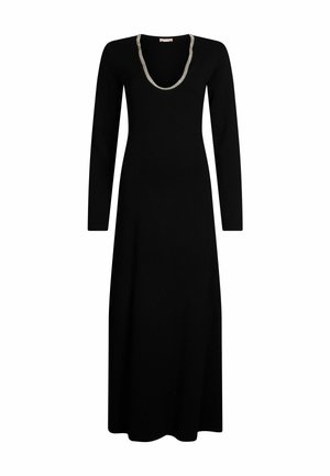 Abito lungo nero a maniche lunghe con silhouette aderente e scollatura a barca, caratterizzato da un accento di catena in tonalità argento attorno alla scollatura.