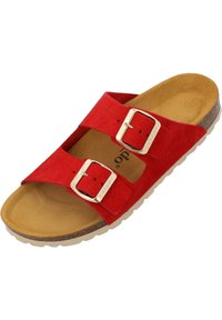 Sandale à enfiler en daim rouge avec deux brides ajustables et boucles en ton doré. Semelle intérieure rembourrée avec une semelle en caoutchouc marron clair.