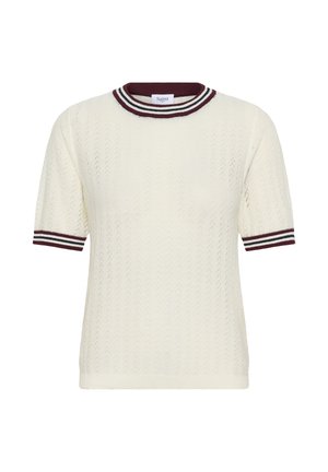 Krem pulover z kratkimi rokavi iz pletenine s subtilnim čipkastim vzorcem, rebrastim ovratnikom in manšetami, ki vključujejo bordo, belo in črte.