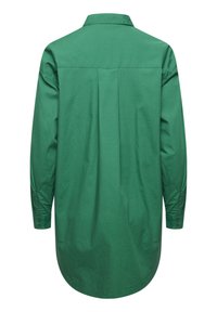 Green long-sleeve shirt with a button-down collar, featuring a straight hem, back pleat, and buttoned cuffs. Smooth fabric texture.