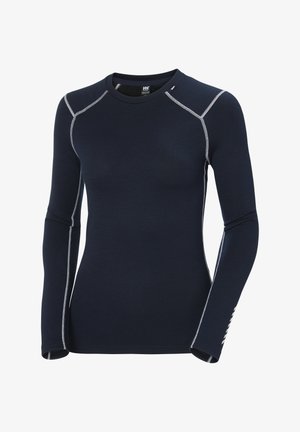 Marineblaues Langarmshirt aus weichem Stoff, mit kontrastierenden hellen Nähten an den Säumen und dem Markenlogo am Halsauschnitt.
