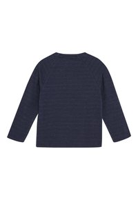 Langemouwen marineblauw shirt met subtiel horizontaal gespikkeld patroon en raglanmouwen, van de achterkant getoond op een witte achtergrond.