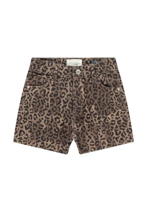 Korte broek met luipaardprint in bruin- en donkerbruine tinten, gemaakt van denim met een ontwerp van vijf zakken en een knoopsluiting aan de voorkant.