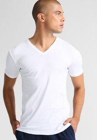 V-ringad vit T-shirt i bomull med korta ärmar och figursydd design, med en slät yta och enkel konstruktion.