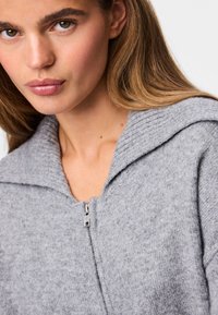 Young woman with light brown hair wearing a light grey zip-up sweater with a wide ribbed collar on a white background.
