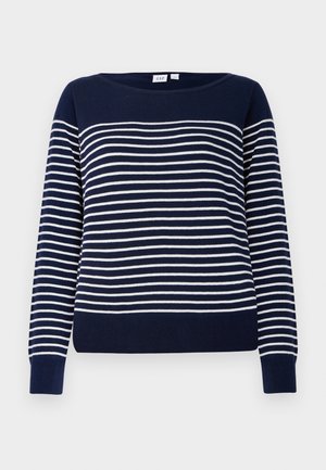 Suéter a rayas azul marino hecho de un suave tejido de punto. Presenta rayas blancas horizontales, mangas largas y un dobladillo acanalado.