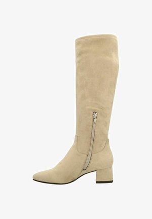 Beige suede knee-high boot with a pointed toe, block heel, and a side zipper detail for easy wear. Smooth texture and minimalist design.