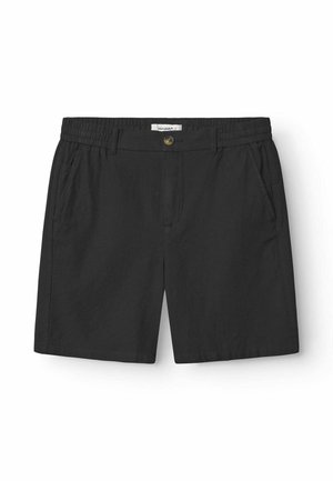 Zwarte shorts van zacht materiaal, met een elastische tailleband, een sluiting met een knoop aan de voorkant en zijzakken. Eenvoudig, recht gesneden ontwerp.