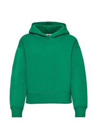 Sweat à capuche vert à manches longues avec couture avant, poignets et ourlet côtelés, présenté sur un fond blanc uni.