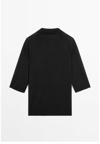 Black knit sweater with three-quarter sleeves and a ribbed collar, hem, and cuffs, shown from the back on a white background.