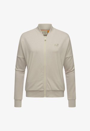 Svijetlosmeđi zip-up bomber jakna izrađena od mekog materijala. Ima rebraste manžete i ovratnik, s diskretnim logom izvezenim na prsima.