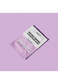 Verpackung der Peptid-Glättungs- und Straffungsmaske mit einem rosa-lila Farbschema und schwarzem Text sowie Symbolen, die die Hauptbestandteile anzeigen.
