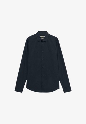 Dunkelblauses Langarm-Hemd aus glattem Stoff, mit klassischem Kragen und durchgeknöpftem Frontbereich, versehen mit einem dezenten Logoakzent.
