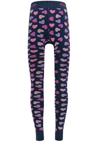 Marinefarbene Leggings mit bunten Herzmustern in Pink, Lila und Flieder; gerippte Textur; elastischer Bund mit eingesticktem Markennamen.