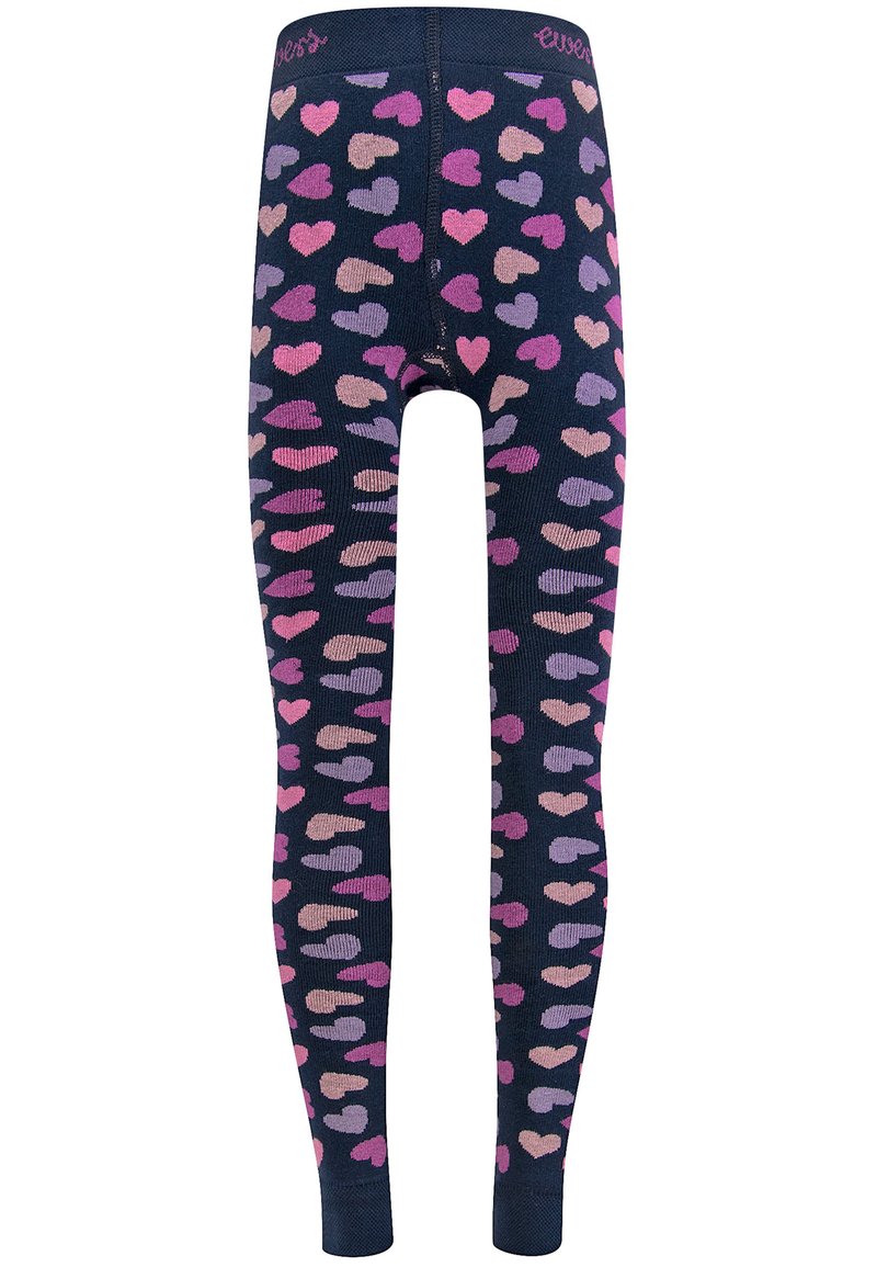 Marinefarbene Leggings mit bunten Herzmustern in Pink, Lila und Flieder; gerippte Textur; elastischer Bund mit eingesticktem Markennamen.