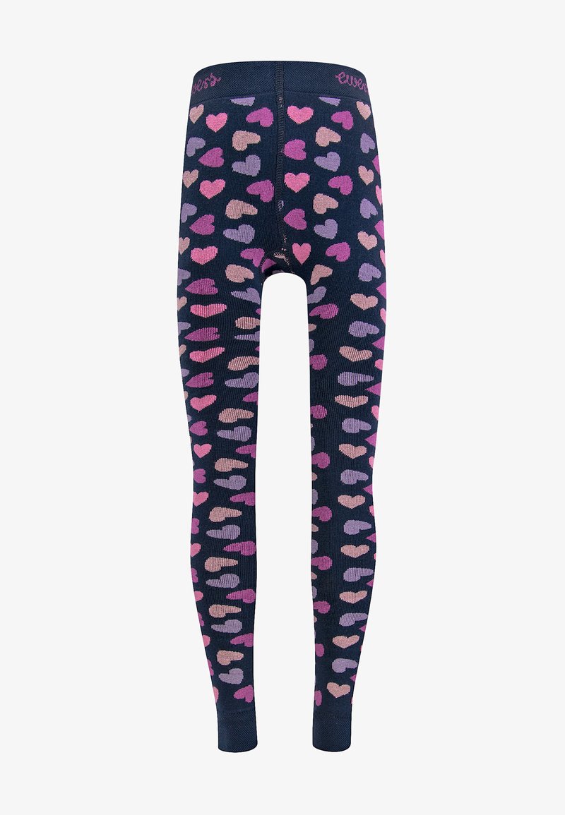 Marineblauwe leggings met multicolore hartpatronen in roze, paars en lila; geribbelde textuur; elastische tailleband met de merknaam gestikt.