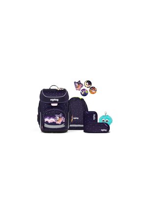 Dark blue school backpack set with galaxy and fairy designs, including backpack, drawstring bag, pencil case, and keychain with googly eyes.