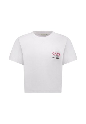 Witte cropped t-shirt gemaakt van geribd stof, met roze en zwarte geborduurde tekst "CARS GIRLS are the Future" op de linkerborst.