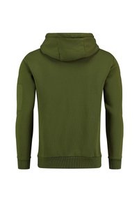 Sudadera verde con capucha ajustable, mangas largas, puños acanalados y un bolsillo parche en la manga izquierda. Tejido suave y texturizado.