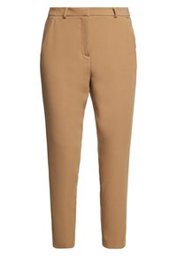 Beige skräddarsydda byxor med slim fit. Har en slät framsida, bältesslingor och sidfickor. Slät textur och lätt tyg.