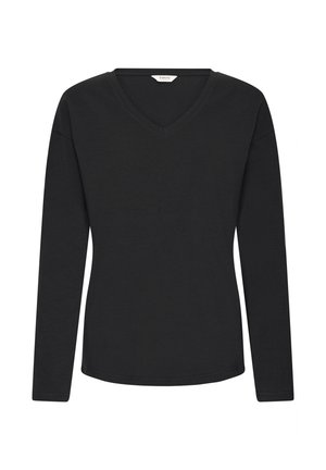 Čierne tričko s dlhým rukávom a véčkovým výstrihom vyrobené z mäkkej bavlnenej tkaniny. Má voľný strih a hladkú, rovnomernú textúru s minimálnym šitím.