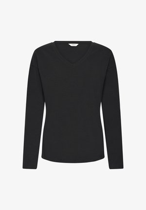 Čierne tričko s dlhým rukávom a véčkovým výstrihom vyrobené z mäkkej bavlnenej tkaniny. Má voľný strih a hladkú, rovnomernú textúru s minimálnym šitím.