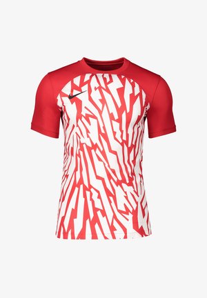 Rotes, kurzärmliges Sporthemd mit einem abstrakten weißen Muster. Hergestellt aus synthetischem Material, mit Rundhalsausschnitt und Nike-Logo auf der Brust.