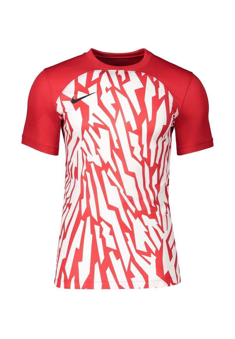 Rode sportieve shirt met korte mouwen en een abstract wit patroon. Gemaakt van synthetisch materiaal, met een ronde hals en het Nike-logo op de borst.