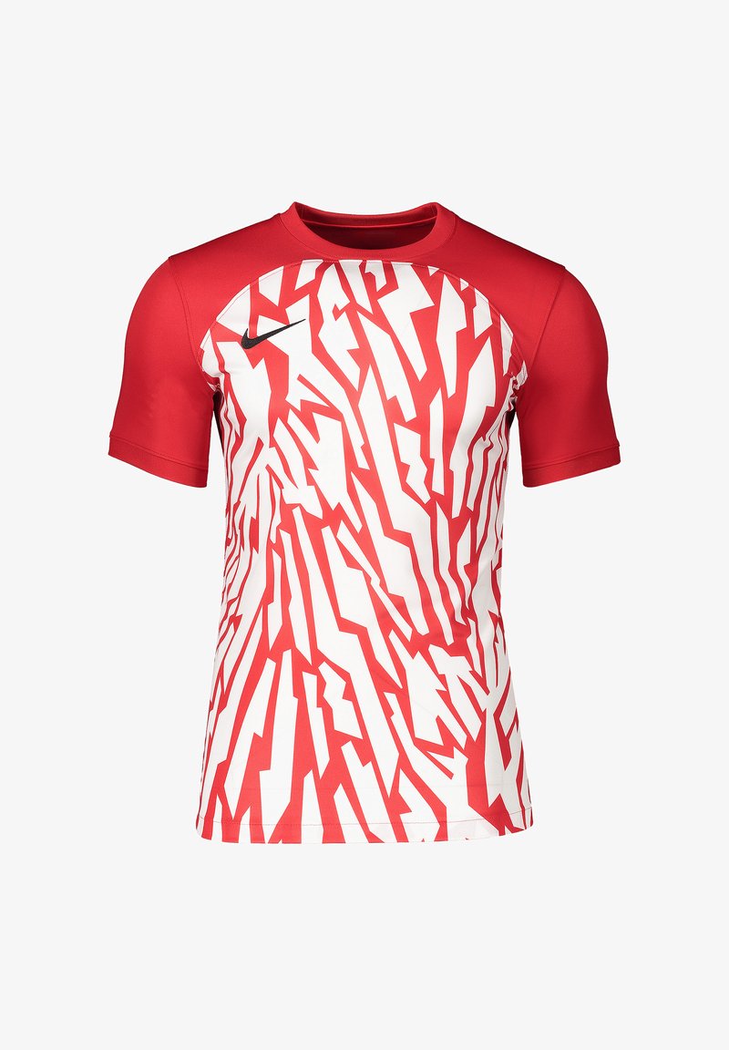 Maglietta atletica rossa a maniche corte con un motivo astratto bianco. Realizzata in materiale sintetico, con scollo rotondo e logo Nike sul petto.