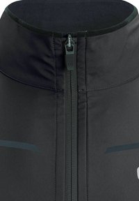 Schwarze Zip-Jacke mit hohem Kragen. Verfügt über einen zentralen Reißverschluss und dezente reflektierende Akzente auf der Vorderseite. Glatte, langlebige Stofftextur.