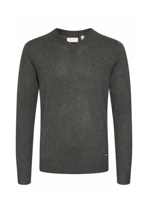 Dark gray knitted sweater with a V-neck, long sleeves, and a ribbed hem. Features a small brand label on the lower left side.