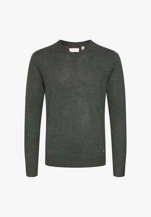 Dark gray knitted sweater with a V-neck, long sleeves, and a ribbed hem. Features a small brand label on the lower left side.