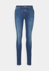 Slim jeans i mörkblå denim. Har fem fickor, bälteöglor och dragkedja med knappstängning. Slät textur med lätt blekning.
