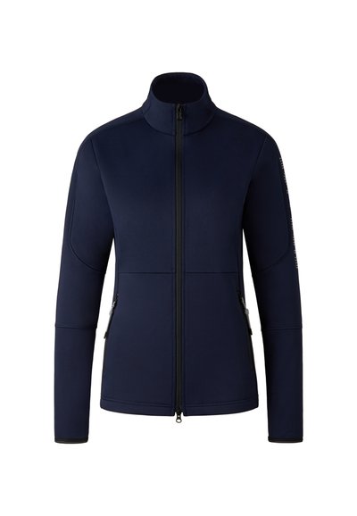 Navy athletic jacket with a high collar, full zip, and side pockets. Smooth fabric, fitted design, and contrasting accents on sleeves.