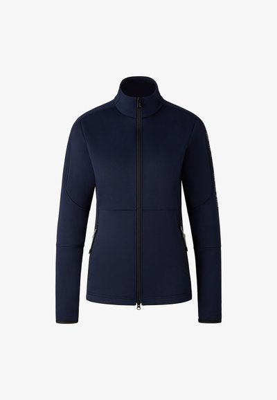 Navy athletic jacket with a high collar, full zip, and side pockets. Smooth fabric, fitted design, and contrasting accents on sleeves.