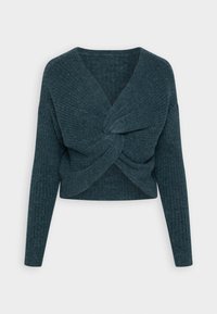 Dzianinowy sweter w ciemnym odcieniu teal, z długimi rękawami, skróconym fasonem i skręconym wykończeniem z przodu. Ribbowana struktura na całej powierzchni, miękki materiał.
