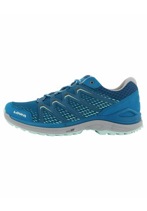 Blue athletic shoe with mesh upper, grey accents, and light green sole. Features a lace-up design and textured panels for breathability.