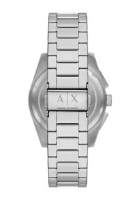 Silver stainless steel watch with a brushed finish, featuring a hexagonal case, linked bracelet, and engraved clasp with "A/X" logo.