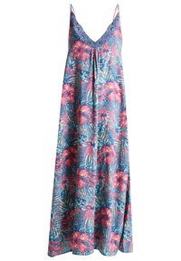 Robe maxi florale en tissu léger. Présente un fond bleu, de grandes fleurs tropicales roses et vertes, et une bordure en dentelle décorative au niveau du col.