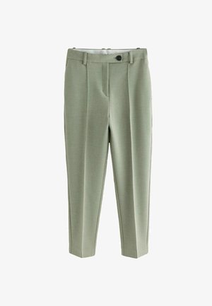Pantaloni su misura verde chiaro realizzati in tessuto strutturato con una vestibilità dritta, dotati di pieghe frontali, chiusura con bottone e senza tasche visibili.