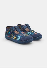Pantofi din material bleumarin pentru copii, cu modele colorate cu avioane și teme spațiale, dotati cu prinderi Velcro, talpa din cauciuc și vârful întărit.